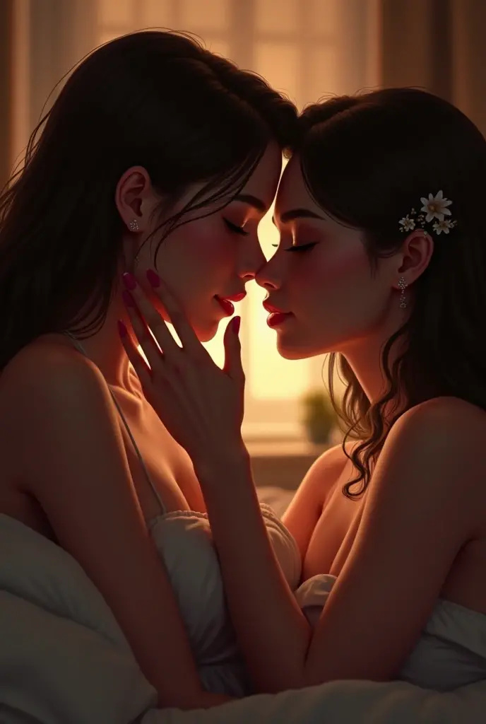 two girl kissing, see her ass,(bright lighting,romantic setting),dreamy background,bondage,dark hair, mesmerizing gaze, , soft skin, alluring beauty, artistic portrait, high-quality image, vibrant colors,translucent silk wedding dress, mosquito net,