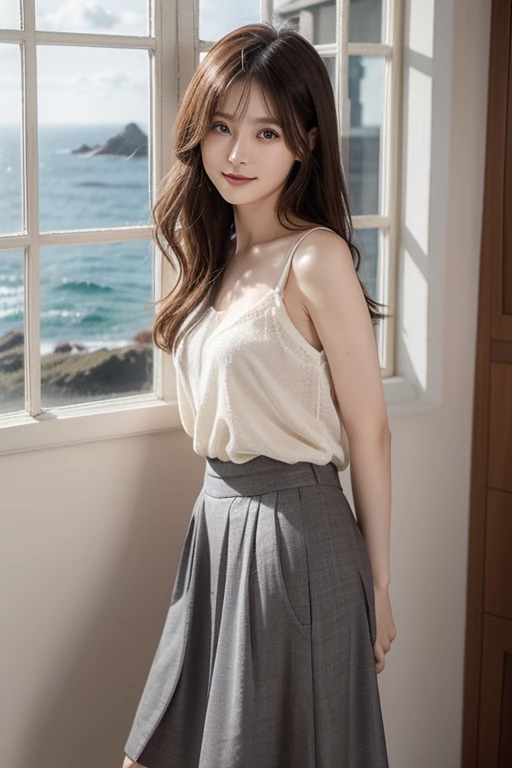 wear a long skirt, long hair over her shoulder, Pretty dress