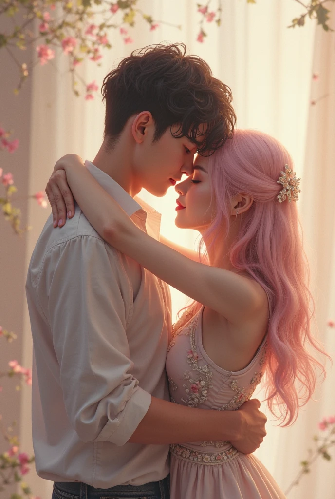 Romantic couple kissing in the wind，Blue-haired boy，Girl with pink hair，glowing stars，Glow effects，Heart-shaped bubbles，the night，On a cruise ship，The face is clear and accurate，detail in face，super-fine，beachside，16K resolution，high qulity，电影灯光，High picture detail，dynamic viewing angle，Detailed pubic hair，Epic shooting，oc rendered