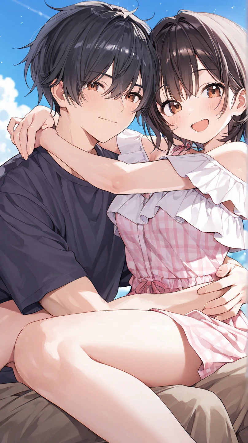 A naked middle-aged man is kissing and putting his tongue into a small-breasted girl with black bob hair, eyes wide open, crying, nipples erect, pale pubic hair, topless, wearing floral panties and a checked skirt, who is shy and scared and resisting, on a train、whole body
