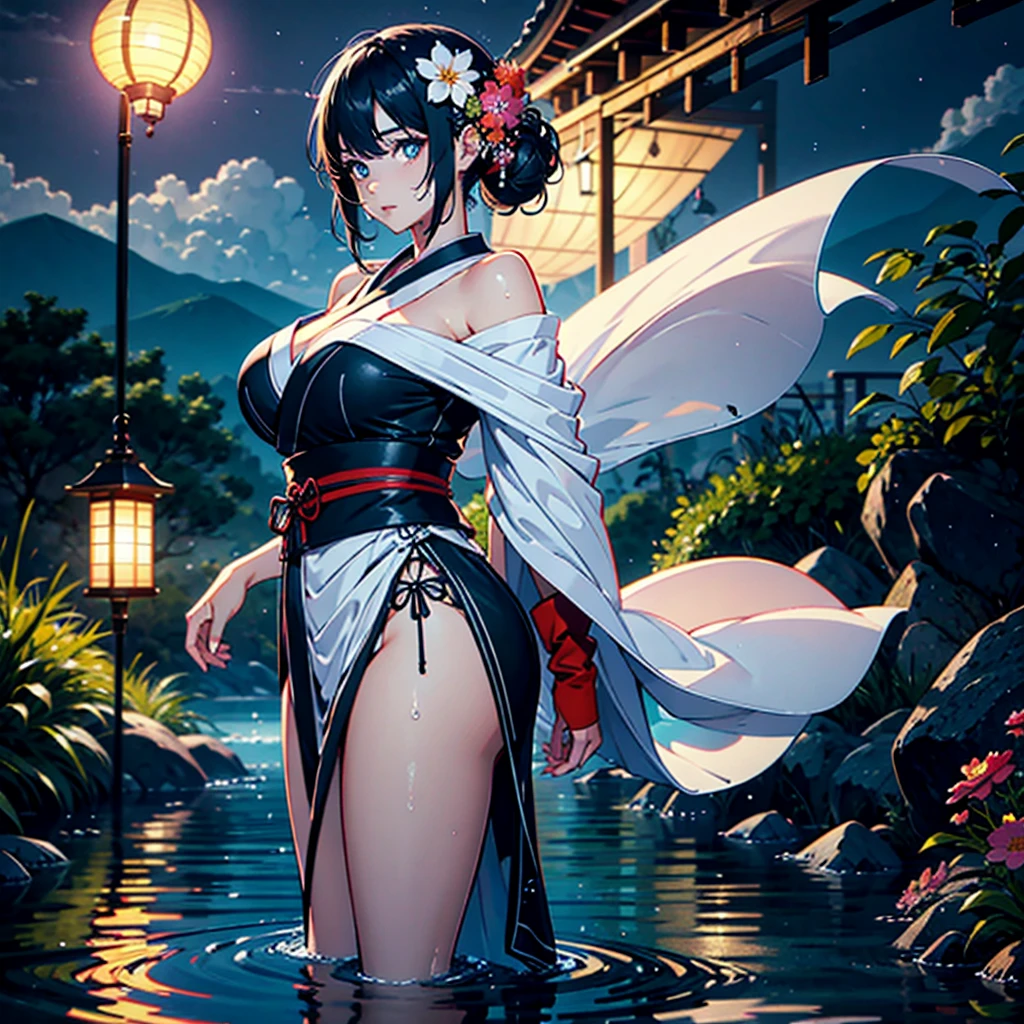 1 girl, lake scene, seat on the water, black suit, white details on her clothes, waterfall, white flowers on focus, full moon, night, flowing hair, crystals, sparkles, swim suit, navy hair, short hair