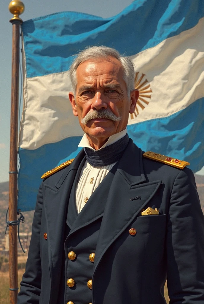 On board a large cruise ship, surrounded by azure waters, We discover the commanding appearance of a captain of approximately fifty years of age., Friendly and charismatic. looks like an experienced commander, he stands prominently in the foreground, Exuding strength and determination. with meticulous attention to detail, The image captures his physique, when it glows in the warm light of the setting sun.. Dressed in a fresh navy blue uniform, The captain&#39;s authority is emphasized by gold jewelry, that catch your eye.in the background, luxury cruise ship gracefully sails the waters, its elegant white design, complemented by bright deck lights. The scene conveys the atmosphere of travel., where the captain takes control of a mighty ship, embodiment of a sense of adventure and strength. The realistic rendering of this image ensures the integrity of the captain&#39;s suit., in naval uniform, stitched to perfection, demonstration of professionalism and authority, keep you fully dressed., Super Detail