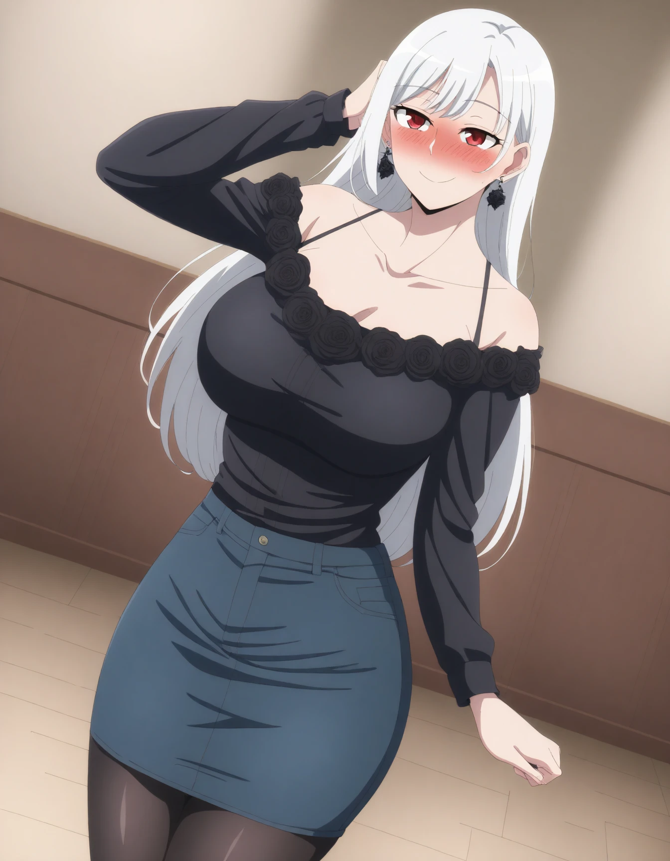 girl sitting on the floor , first person view, beautiful, masterpiece, smooth texture, evil smile, beautiful boobs