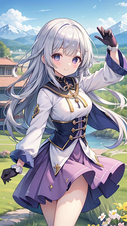 ((bronya, silver hair:1.1, long hair:0.9, drill hair:1.1, medium breast, intricate formal uniform:0.9, long uniform skirt, elegant smile, sad eyes)), sitting on chair, in the middle of garden, near table, realistic proportion.