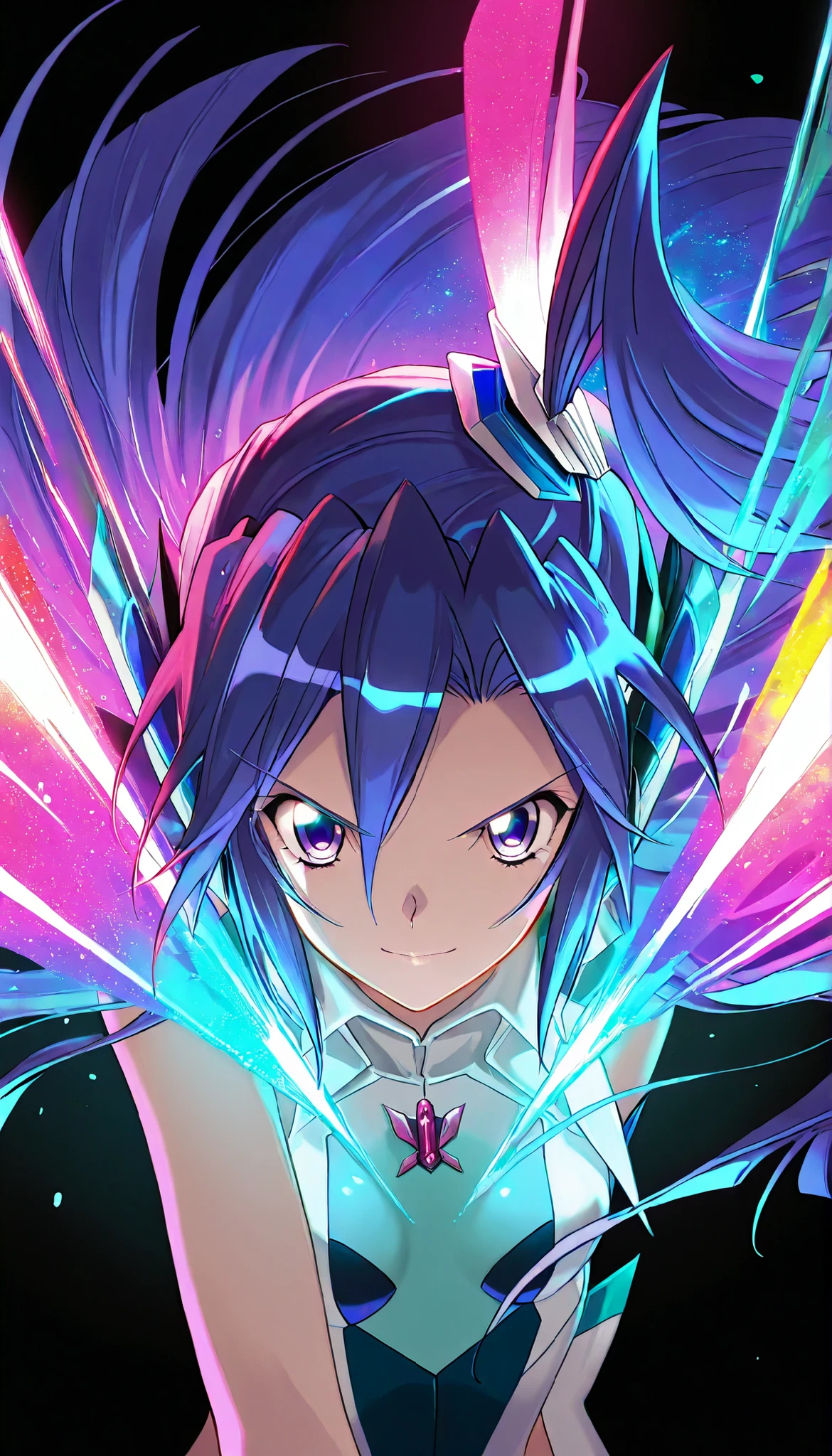 (1girls solo),symphogear, Kazanari Tsubasa, blue_hair, purple eyes, one side up, light smile, Black background,colorful, lively, Shining Contours ,neon,colorful、Official Art、,viewer, masterpiece, Very Aesthetic、battle pose、Light powder、neon Hair、Swinging Hair、chest swaying up and down,