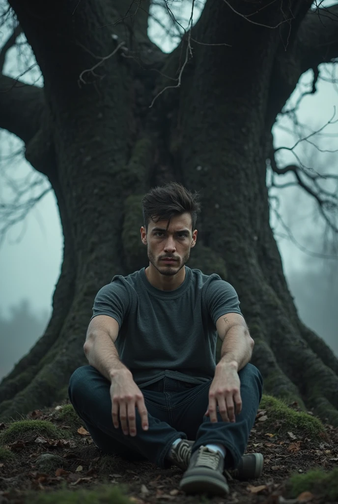 Body base of a vharecter leaning against a tree, on his knee's he's haunched foreward looking at his hands.