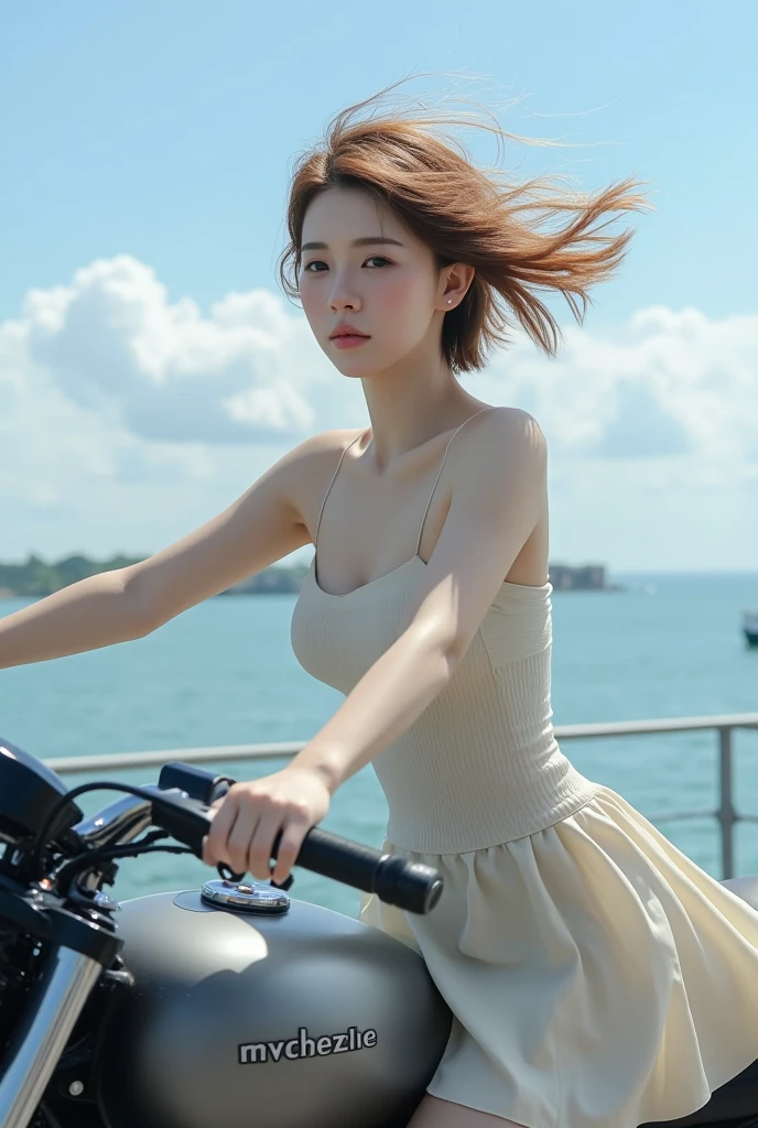 A super sharp faces and eyes, close up faces, super vibrant sea goddess masterpiece, the image of an extremely beautiful girl sitting on a harley davision motorcycle happy smile at sea, her seductive light pink braids draped over a luxurious revealing silk dress, shining in emerald and pale gold hues combined with the clear gentle waves of the brilliant ocean. Her angelic eyes and seductive lips with a deadly smile as she sits on a fully equipped modern motorcycle in a provocative pose, The style highlights the intense vibrancy of the colors, highlighting the flowing dress and the shine of her flowing curly hair. Super sharp facial details, super vibrant, UHD, 48K