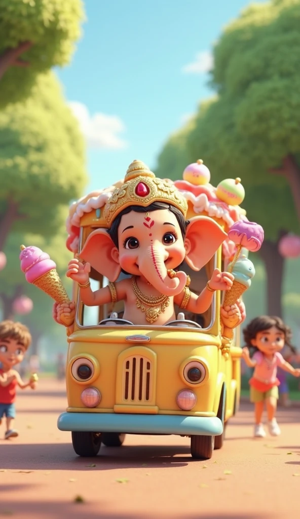 Little cute ganesh is riding a motorcycle in a village road. A group of children's is asking for lift. talking to him. A green colour road signboard is there and wrote KULATHOOR 2KM