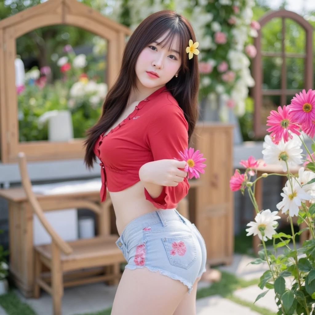 1 beautiful woman taking pictures on the grass of the villa,RAW photos,tmasterpiece,(highdetailskin:1.2),8k ultra high definition,digital SLR camera,gentlesoftlighting,high high quality,filmgrain,Fuji XT3,20 years old Asian woman,Wear simple clothes,(pink long tight skirt:1.2 and long skinny jeans:0.7,Detailed clothing details:1.3),perfect body figure,Perfect breasts and nipple bulge,The legs are straight and slender,Branded stylish shoes:0.6,Super detailed facial details and skin,Fair pink face and skin,The skin is pink,with light glowing,double eyelid,Super detailed eyes,(Gloss on lips, eyeslashes, Glossy face, Best quality, Super high resolution, warm color,Wide lighting, naturalshadow),taken from behind, Show off your beautiful body, Full body shooting: 1.8,
emphasize round ass, accentuate round ass,
produding ass,acmm wear,acmm,
printed pink long tight skirt,back view, standing,