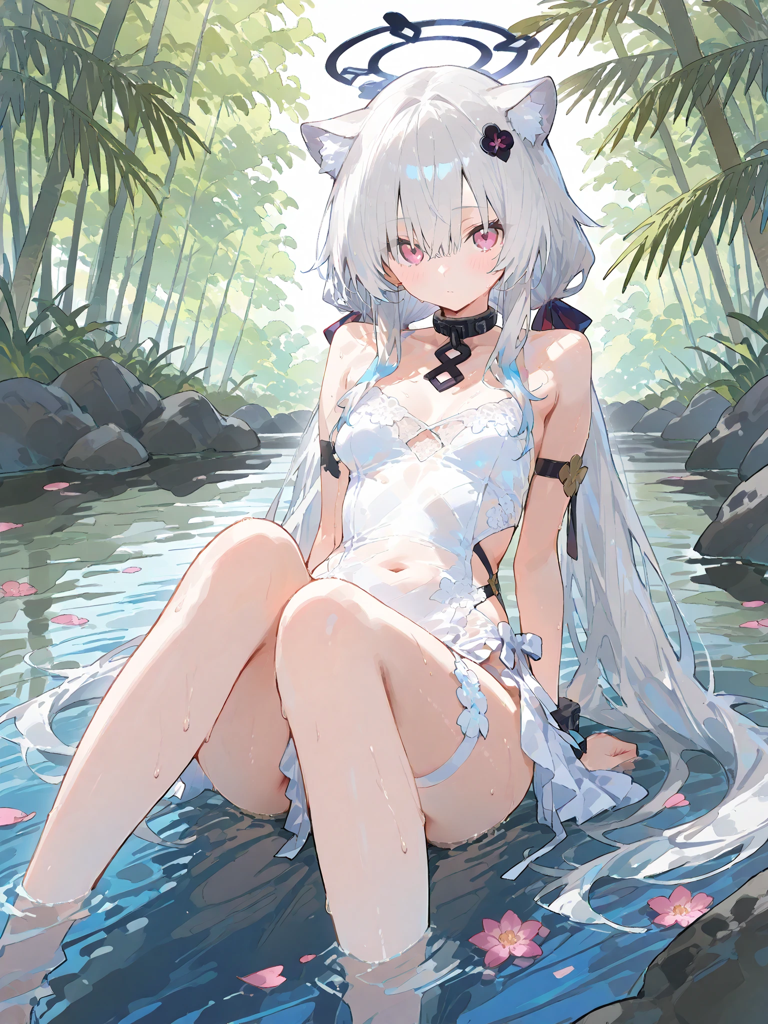 high resolution、(((micro bikini)))、()、(maid)、sex、white hair、animal ears、dye one's cheeks、Smile
