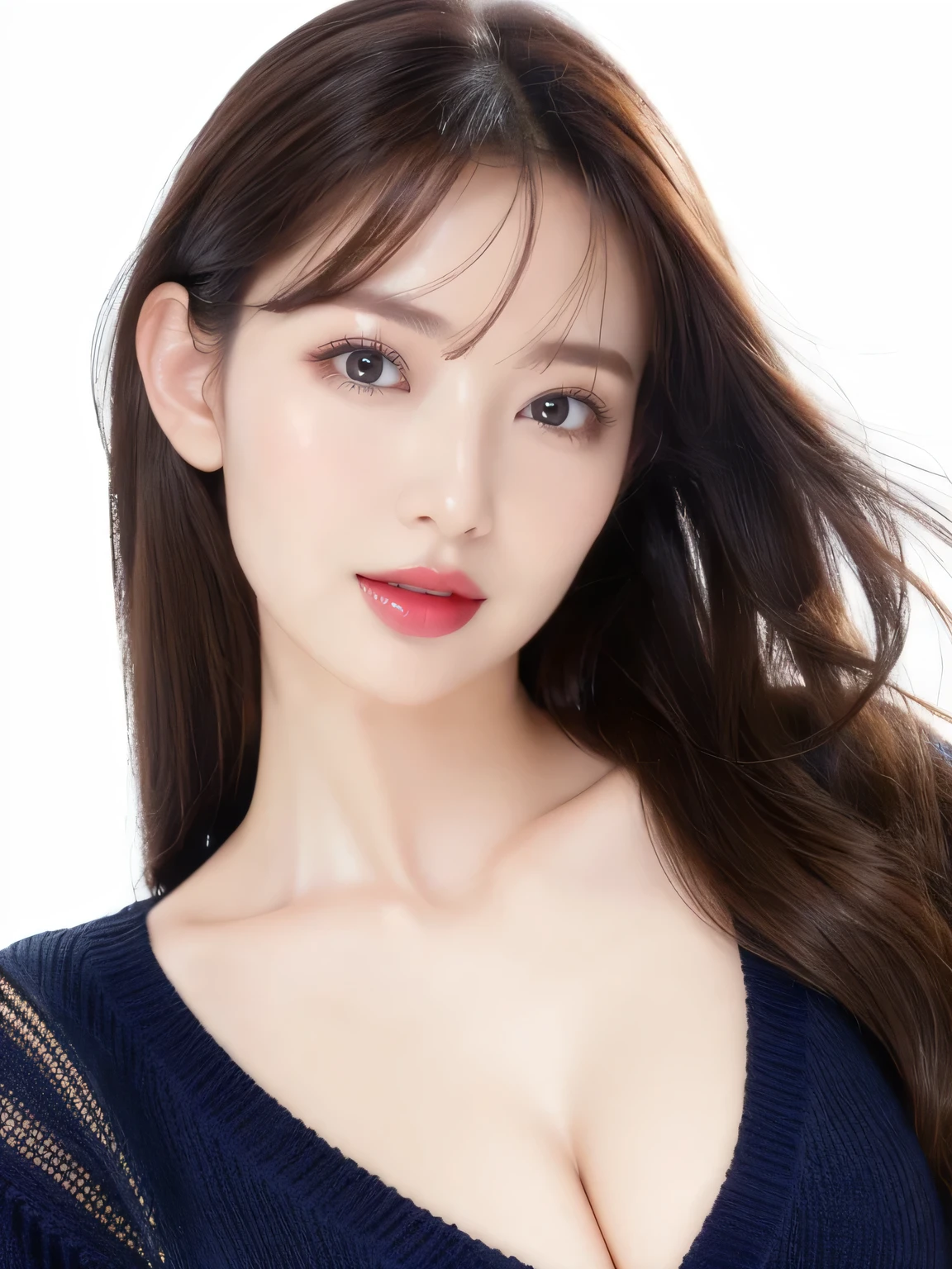 (highest quality、Tabletop、8k、Best image quality、Award-winning works)、One beautiful woman、Beautiful and elegant long hair、Beautiful glossy black hair、(alone:1.1)、(The perfect navy V-neck long sleeve knit:1.5)、(Fluffy navy V-neck knit:1.5)、(The simplest white background:1.4)、とてもBig Breasts、Accentuate your body lines、Beautiful and exquisite、look at me、(Perfect Makeup:1.1)、Bright lipstick、Ultra-high definition beauty face、Ultra HD Hair、Ultra HD Shining Eyes、Ultra High Resolution Perfect Teeth、Super high quality glossy lip、Accurate anatomy、Very beautiful skin、Glowing skin in ultra-high resolution、Elegant upright posture when viewed from the front、(very bright and vivid:1.2)、(Slender body:1.2)、(Cleavage:1.1)、(Big Breasts:1.1)、Shiny, Bright lipstick、(Face close-up:1.2)、(50 year old mature woman:1.3)、Wrinkled face、Wrinkles around the eyes