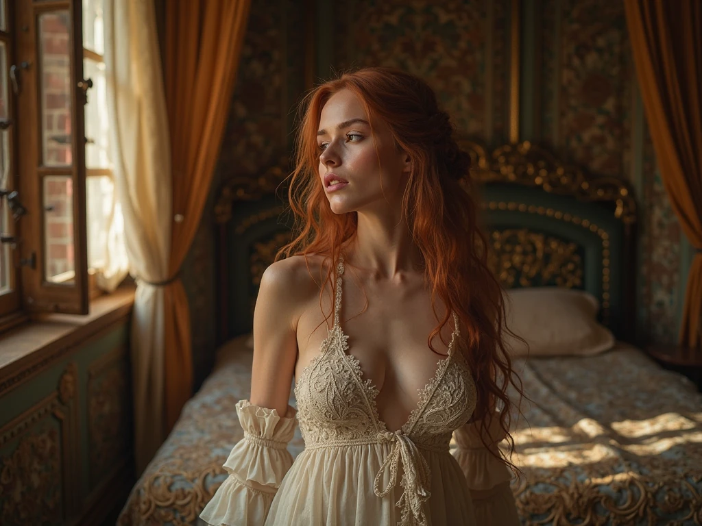 Red-haired woman, with a long lustrous slightly curly beautiful red hair, hairstyle,and a wedding dress with flowers, beige with red black and green, her pet snake lovingly and tenderly wrapping itssled around her, voluptuous cury, big breast, sultry body, modern day upper middle class American bedroom, fully body photography,