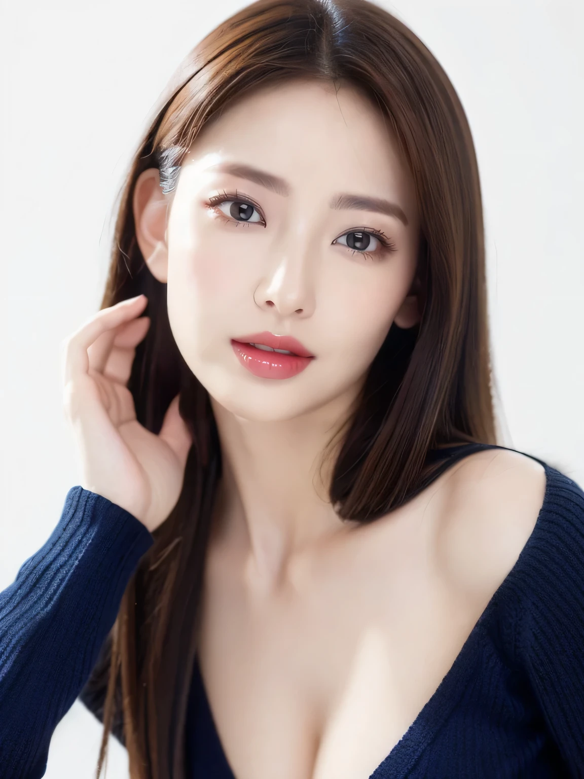 (highest quality、Tabletop、8k、Best image quality、Award-winning works)、One beautiful woman、Beautiful elegant long hair、Beautiful black hair、(alone:1.1)、(The perfect burgundy V-neck long sleeve knit:1.4)、(The simplest white background:1.4)、とてもLarge Breasts、Accentuate your body lines、Beautiful and detailed、Look at me、(Perfect Makeup:1.1)、Bright lipstick、Ultra-high definition beauty face、Ultra HD Hair、Ultra-high definition sparkling eyes、Ultra High Resolution Perfect Teeth、Ultra-high quality glossy lips、Accurate anatomy、Very beautiful skin、Glowing skin in ultra-high resolution、Elegant upright posture when viewed from the front、(Very bright and vivid:1.2)、(Slender body:1.2)、(Cleavage:1.1)、(Large Breasts:1.1)、Shiny, vibrant lipstick、(Close-up of face:1.2)、(50 year old mature woman:1.2)