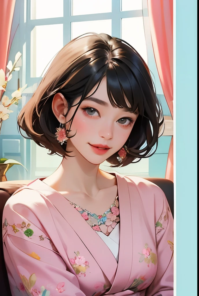 387 (20 year old woman),(short hair),(gentle smile),(high quality photos),(Luxurious room window),(colorful),(Floral clothes)