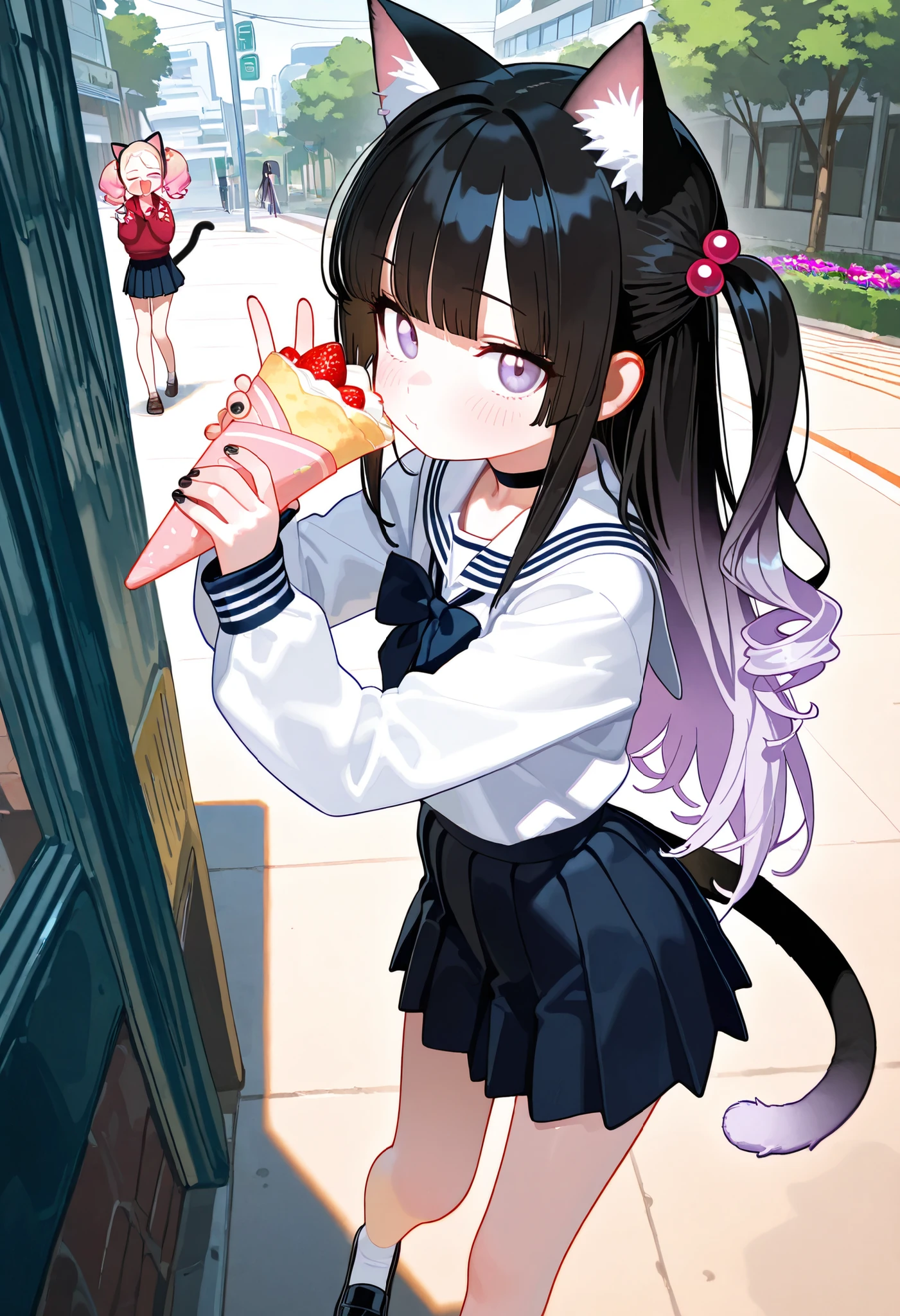 2girls, lavender eyes, Black Hair, light lavender Gradient Hair, blunt bangs, hime cut, Medium length twintails, curly hair, Full head of hair, cat tail, cat ears, flower pettern, Choker, bare legs, Loafer, nail polish, black nails, masterpiece, best quality, Perfect details, perfect composition, Perfect face, Perfect hand, absurdres, newest, very aesthetic, amazing quality, highres, film grain, Focus on the character, Cinematic, dramatic, Magnificent, cute expression, yamamoto soichiro, doremi, hwansang, mx2j, looking at viewer, peace sign, tools, Hair beads, Engineer Decoration, shy, dancing, outside, music, music effect, ukiyo-e, Rhythmic, jk, gyaru girls, street theme, duo, partner, girls, pop effect, comics effect, school, play ground, poping, crepe, camera, summer, hot, funny, anime, tall girls