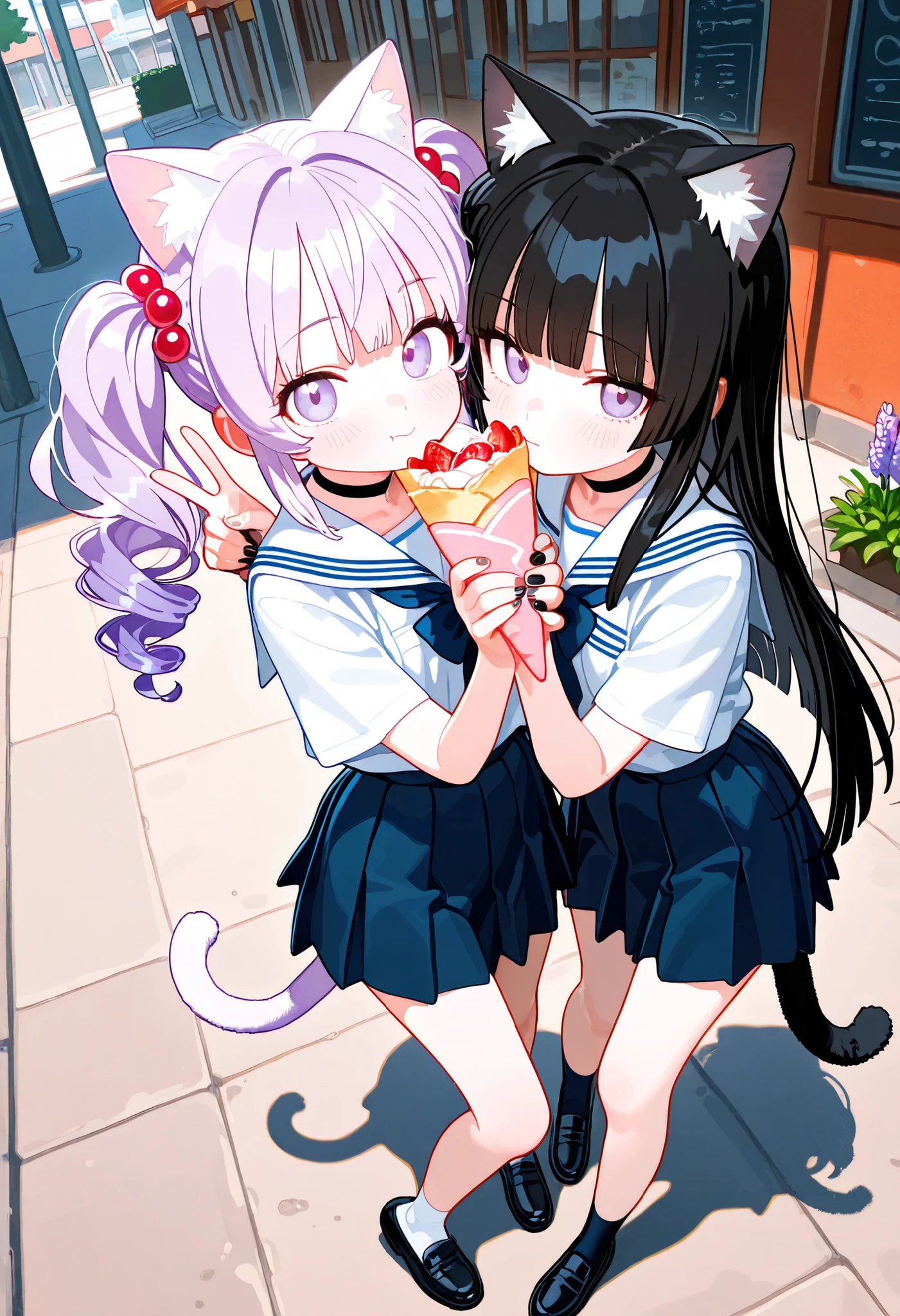 2girls, lavender eyes, Black Hair, light lavender Gradient Hair, blunt bangs, hime cut, Medium length twintails, curly hair, Full head of hair, cat tail, cat ears, flower pettern, Choker, bare legs, Loafer, nail polish, black nails, masterpiece, best quality, Perfect details, perfect composition, Perfect face, Perfect hand, absurdres, newest, very aesthetic, amazing quality, highres, film grain, Focus on the character, Cinematic, dramatic, Magnificent, cute expression, yamamoto soichiro, doremi, hwansang, mx2j, looking at viewer, peace sign, tools, Hair beads, Engineer Decoration, shy, dancing, outside, music, music effect, ukiyo-e, Rhythmic, jk, gyaru girls, street theme, duo, partner, girls, pop effect, comics effect, school, play ground, poping, crepe, camera, summer, hot, funny, anime, tall girls