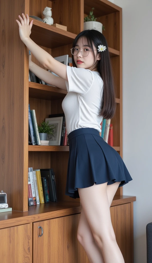 highest quality、best image quality、sharp shadow、Curvaceous、 12 year old girl、fine-textured skin、twin tails、younger sister'face、cute 、baby face、Childish、Big eyes、(low rise:1.9)、cuteピンク色の下着、Red checked pleated skirt、white blouse、(very big breasts:1.5)、her breasts are the size of watermelons,、saggy breasts、You can see the skin up to the pubic bone、girl'my room、Pink carpet、bookshelf、bed、big ass、powerful body、slight smile、happiness、no body hair、shaved pussy、Hairless、legs open、my pussy has no hair、baby smooth pussy、M-shaped legs