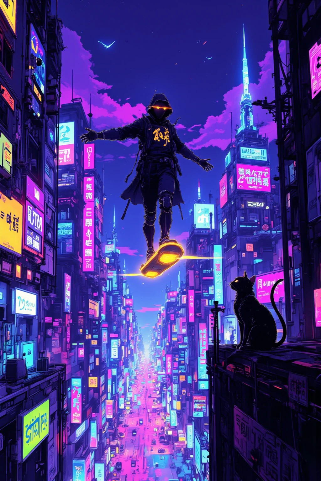 Mysterious Person Who Rides a Hoverboard, futuristic cityscape ,illuminating the vast cityscape with bright neon lights,Neon Signs with Purple Hues Dominating and Blue, green,The city is full of skyscrapers decorated with glowing advertisements and hologram displays,A Person Who Rides a Hoverboard,floating in the air in a dazzling scene, A sense of movement and excitement,The figures have dark silhouettes and are dimly illuminated by the brilliance of hoverboard lights, taking the contrast with the background,A cat sitting on the edge of a nearby skyscraper, Carefully Watching the Scene Unfold, Adding an atmosphere of whimsical curiosity,Mr.々Neon Signs with Blue,Cyberpunk Aesthetics,Digital Utopia,colorful x} A dynamic fusion of technology and urban life,An Atmosphere of Exploration and Futuristic Surprise,Arafe images of a man on a flying skateboard,cyberpunk art style, bright colors of cyberpunk ,  Spider-Verse , Cyberpunk Dream World, Digital Cyberpunk Anime Art, Cyberpunk Aesthetics , hero pose,Colorful city lighting, Cyberpunk Themed Art , Sharp Pointed Toe,  cyberpunk digital art , Dreamy Colorful Cyberpunk Colors
