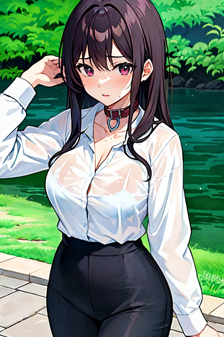 <lora:shirase sakuya:1>shirase sakuya, 1girl, underwear, skirt, wet clothes, solo, black hair, see-through, wet, black bra, bra, necktie, yellow eyes, shirt, long hair, plaid skirt, breasts, plaid, bra visible through clothes, ponytail, pleated skirt, school uniform, wet shirt, white shirt, hair between eyes, high ponytail, large breasts, collared shirt, bangs, sleeves rolled up, wet hair, collarbone, cowboy shot
