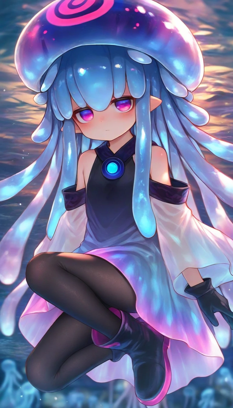 Clione and jellyfish are fused with a girl. slime body. The whole body is translucent like jelly. Body line like wearing a dress. overly long sleeves. Tentacles protrude from the sleeves. feminine mouth. Her face is covered in a heart-shaped slime mask that completely hides her eyes, but instead has glowing crystals. Her chest glows.
