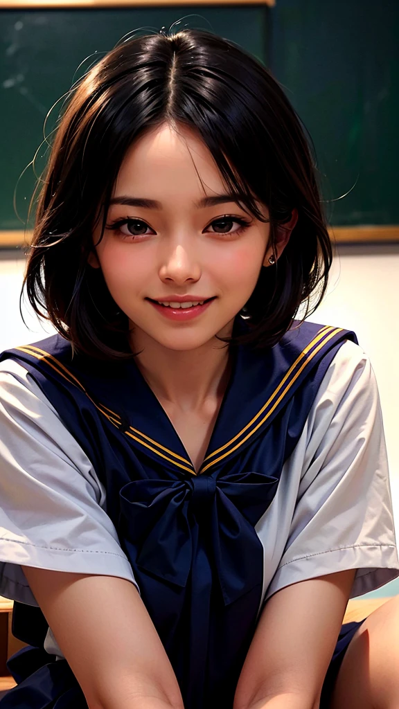 masterpiece、masutepiece、Official art、Highest image quality、Photorealistic、girl takes a selfie、Clean face、Cute look、wink、small lips、lightsmile、huge tit、Soft skin、(Japan in school uniform)、(a sailor suit)、Selfie shots、Slightly close-up、The background is a classroom