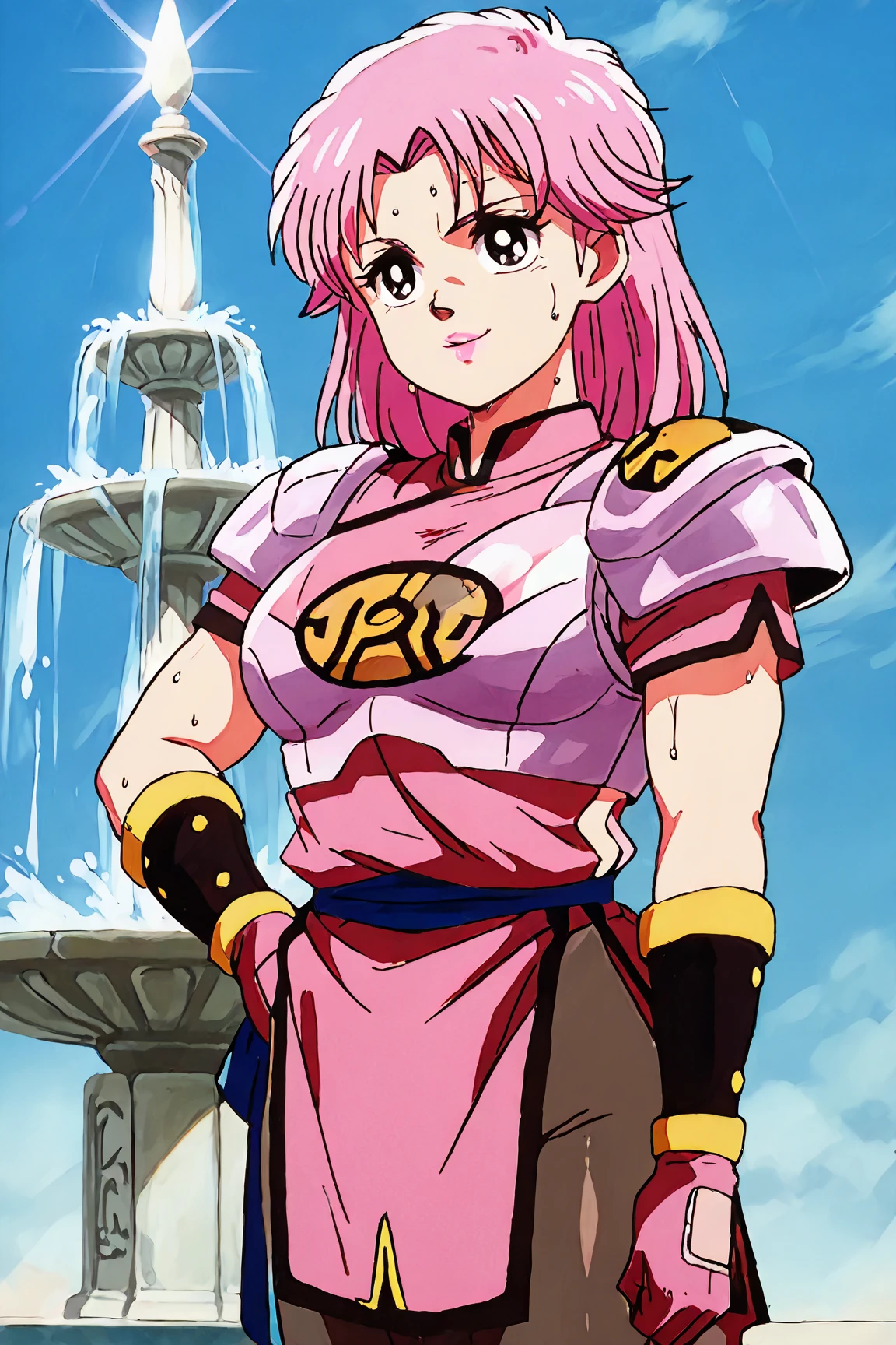 ((masterpiece)),((best quality)),(ultra-detailed),(illustration),(anextremely delicate and beautiful),wallpaper,ultra highres,4K,photography,shiny skin,BREAK,armorMaam, brown eyes, pink hair, long hair, ponytail, parted bangs, circlet, headband, armor, blue panties, fingerless gloves, sash, asymmetrical clothes, asymmetrical legwear, armored boots, pink footwear,BREAK,1girl,solo,blush smile,in heat,cameltoe,pussy juice stain,sexual fluids,female masturbation,standing,open stance,hand on pussy,BREAK,from forward,cowboy shot,looking at viewer,in the forest