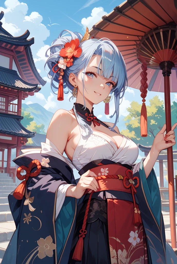 (((Masterpiece))), (((Highest quality))), ((Ultra-detailed)), ((Super fine illustration)), ((Ultra-fine painting)), (16K highest quality wallpaper:1.4), (Upper body:1.6), HDR, (Highly detailed and delicate illustration style:1.8), Detailed skin texture, Detailed cloth texture, Extreme detailed description, (T-masterpiece), (Highly detailed face:1.2), (Highly detailed fox ears:1.2), (Highly detailed shiny golden brown half updo:1.2), (Highly detailed clear blue eyes:1.2), Original, RAW photo, Professional, Intricate details, Super details, Direct light:1.6, (Perfect anatomy:1.4), (Highly detailed hands:1.2), (Highly detailed fingers:1.2), (Highly detailed fingertips:1.2), (24-years-old), Real, (Solo:1.8), ((A very beautiful and attractive fox fashion model with blue eyes wearing a bright red furisode with a floral pattern:1.4)) BRAKE (Beautiful and adorable fox ears:1.6), (Highly detailed and delicate fox ears:1.4), (Beautiful and well-shaped big breasts:1.2), (Beautiful and well-shaped buttocks), (Beautiful and shiny golden brown half updo:1.4), (Highly detailed and delicate golden brown half updo:1.2), (Beautiful clear blue eyes that shine with great detail:1.6), (Highly detailed and delicate blue eyes:1.2), (Highly detailed face:1.4), (Smile:1.5), (Blush:1.4), (Looking at viewer:1.4), (Celebration:1.4) BRAKE (Bright red furisode with floral pattern:1.4), (Japanese traditional costume:1.2) BRAKE (Concept art:1.2), (Detailed fantasy art:1.2) BRAKE (Highly detailed and delicate Ise Grand Shrine in Mie Prefecture in the background just after noon in spring:1.6), (Celebration:1.4), Ise Grand Shrine:1.4, Torii gate of Ise Shrine:1.4, cherry blossoms:1.2, Very beautiful in the sunny sky background just after noon:1.4 BRAKE , (wide hips ,large breasts:1.3) , sexy pose , sexy , nsfw , cleavage