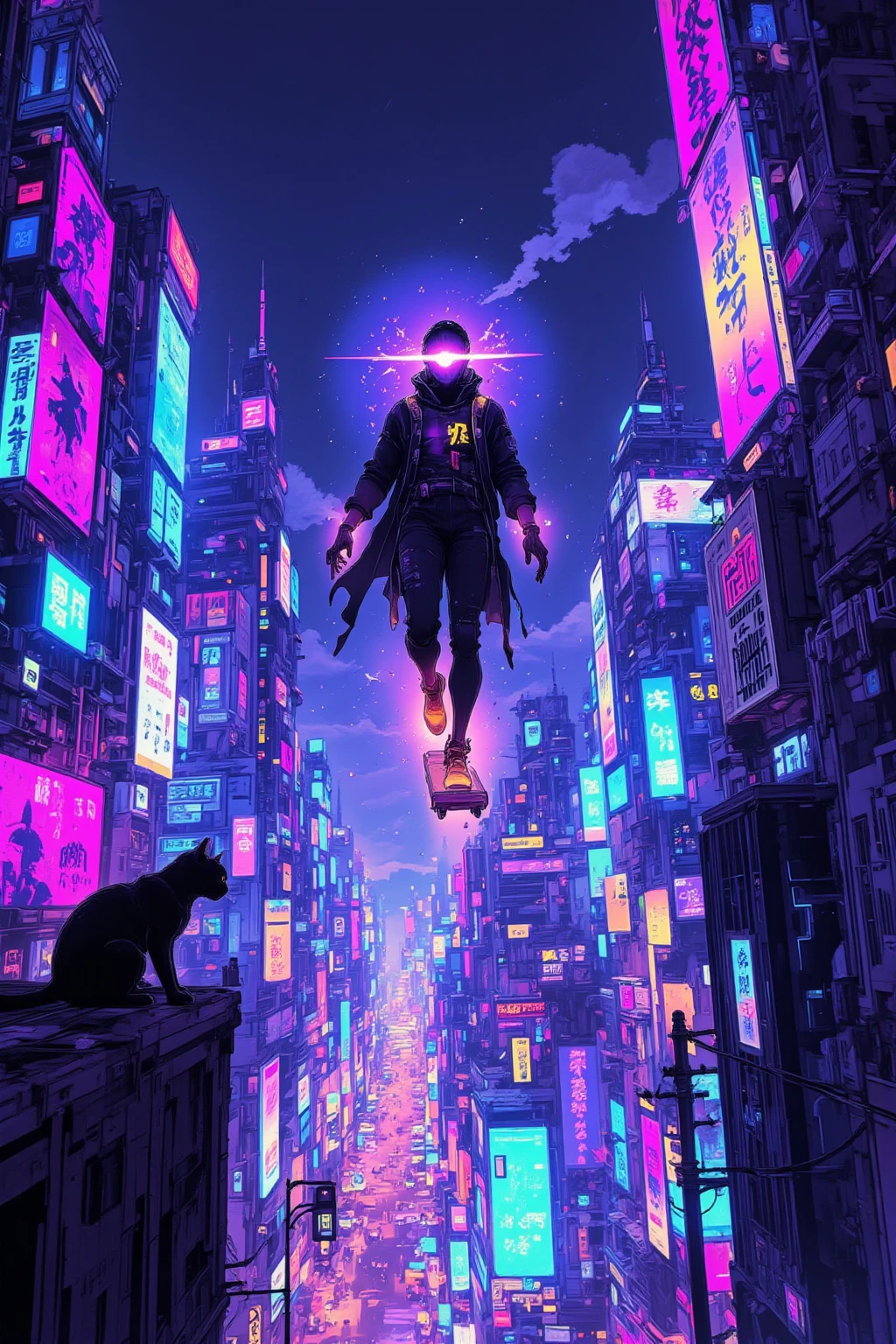 Mysterious Person Who Rides a Hoverboard, futuristic cityscape ,illuminating the vast cityscape with bright neon lights,Neon Signs with Purple Hues Dominating and Blue, green,The city is full of skyscrapers decorated with glowing advertisements and hologram displays,A Person Who Rides a Hoverboard,floating in the air in a dazzling scene, A sense of movement and excitement,The figures have dark silhouettes and are dimly illuminated by the brilliance of hoverboard lights, taking the contrast with the background,A cat sitting on the edge of a nearby skyscraper, Carefully Watching the Scene Unfold, Adding an atmosphere of whimsical curiosity,Mr.々Neon Signs with Blue,Cyberpunk Aesthetics,Digital Utopia,colorful x} A dynamic fusion of technology and urban life,An Atmosphere of Exploration and Futuristic Surprise,Arafe images of a man on a flying skateboard,cyberpunk art style, bright colors of cyberpunk ,  Spider-Verse , Cyberpunk Dream World, Digital Cyberpunk Anime Art, Cyberpunk Aesthetics , hero pose,Colorful city lighting, Cyberpunk Themed Art , Sharp Pointed Toe,  cyberpunk digital art , Dreamy Colorful Cyberpunk Colors