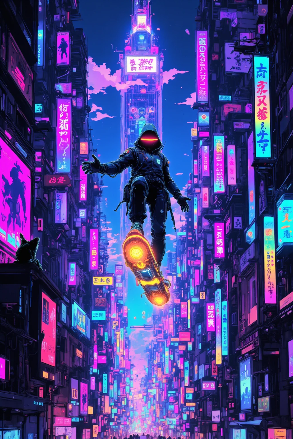 Mysterious Person Who Rides a Hoverboard, futuristic cityscape ,illuminating the vast cityscape with bright neon lights,Neon Signs with Purple Hues Dominating and Blue, green,The city is full of skyscrapers decorated with glowing advertisements and hologram displays,A Person Who Rides a Hoverboard,floating in the air in a dazzling scene, A sense of movement and excitement,The figures have dark silhouettes and are dimly illuminated by the brilliance of hoverboard lights, taking the contrast with the background,A cat sitting on the edge of a nearby skyscraper, Carefully Watching the Scene Unfold, Adding an atmosphere of whimsical curiosity,Mr.々Neon Signs with Blue,Cyberpunk Aesthetics,Digital Utopia,colorful x} A dynamic fusion of technology and urban life,An Atmosphere of Exploration and Futuristic Surprise,Arafe images of a man on a flying skateboard,cyberpunk art style, bright colors of cyberpunk ,  Spider-Verse , Cyberpunk Dream World, Digital Cyberpunk Anime Art, Cyberpunk Aesthetics , hero pose,Colorful city lighting, Cyberpunk Themed Art , Sharp Pointed Toe,  cyberpunk digital art , Dreamy Colorful Cyberpunk Colors