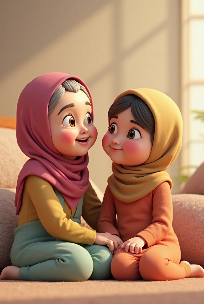 a mature man, a beautiful woman with hijab, a boy, and a young girl, sitting in the park, a beautiful day, face to camera, all happy, Pixar style, wide-angle