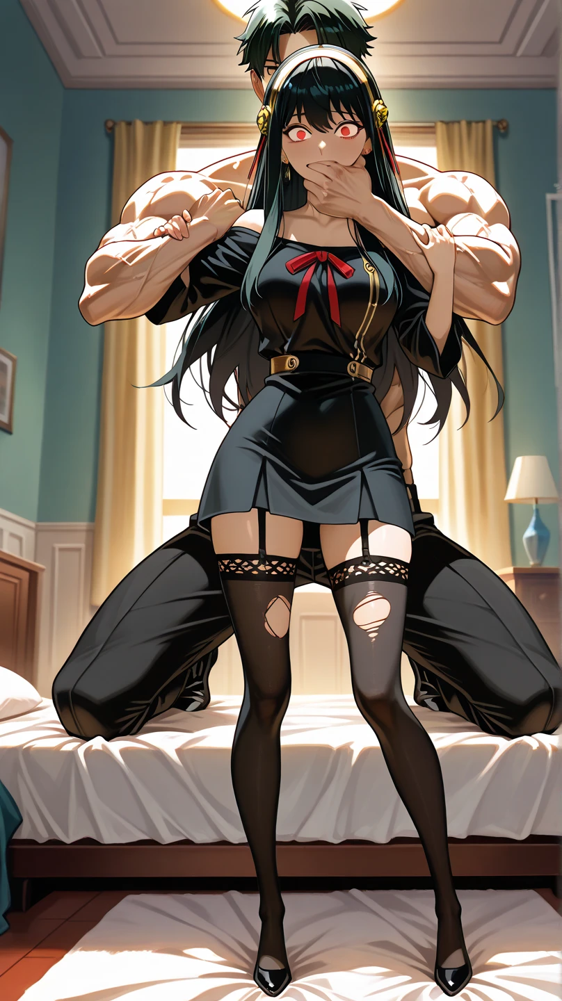 {perfect anatomy},((beautiful face:1.5)),((Pregnant: 0.8)), ((1girl, 1black man, kiss, old, groping:1.5))),(Ahegao, blush, Sweat, Open mouth, Rolling eyes, Tears, Tongue out,)(Parted lips),(Closed eyes),(Feeling weak), best quality, (8k, best quality, masterpiece, ultra high res, , Super Detail), Ultra Detailed, Detailed Skin, (an extremely delicate and beautiful), BREKA,1 japanese beautiful airl, ShigureKaiSanKC, (sleeveless) shirt, (black and white) two-tone shirt, (black) pleated skirt, (black) thigh highs, (red) necktie, (white) belt, (black) fingerless gloves, (red) hand ribbon, hair over shoulder, hair ornament, hair between eyes, blue eyes,hair bow, long belt, BREAK perfect hands, detailed hands, best hands.