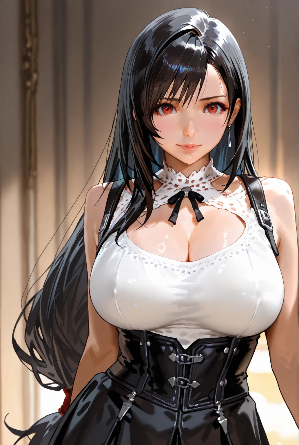 (Highest quality, masterpiece: 1.1), (Faithfulness: 1.4), 1 girl, Upper Body, Long Hair, 5 star hotels, Black corset, Dirty clothes, panties Tifa Lockhart