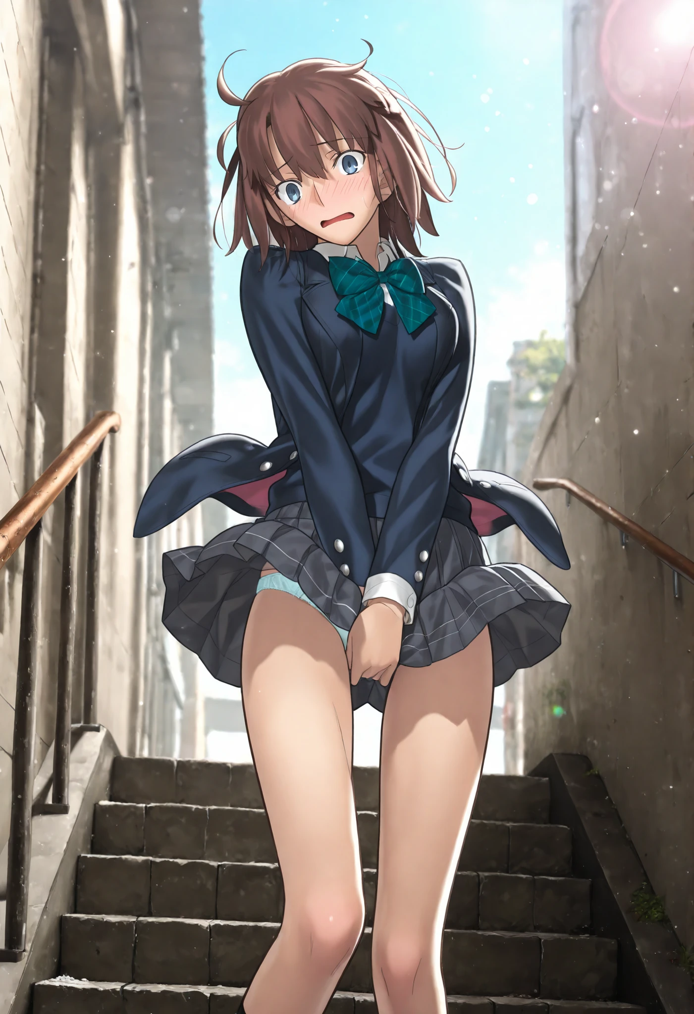 masterpiece, , absurdres, highres, detailed background, high resolution, masterpiece, necessary, detail, best quality, quality, necessary, details, High details, Precise, 8k outdoors, (Stairs, colorful light particles, powder light,),day lens flare, blurry background, ,
1girl, Takeuchi Takashi (type-moon,tsukihime) style, takeuchi takashi style, (aged up:1.5),(blue sky),(((wind lift, panties shot))), ,(long legs), covering crotch, (panicking), ,
girl, (slender body, slim arms, slim bod), solo, el3gymaster ,ciel \(tsukihime\) ,((gray blue eyes)),brown hair, medium hair, ahoge, (school uniform ,open jacket ,blue sweater, white undershirt , grey skirt, pleated skirt, plaid skirt), (medium breasts),(looking at viewer),((brown plaid bowtie)), light blue satin panties, light embarrassed, , ,