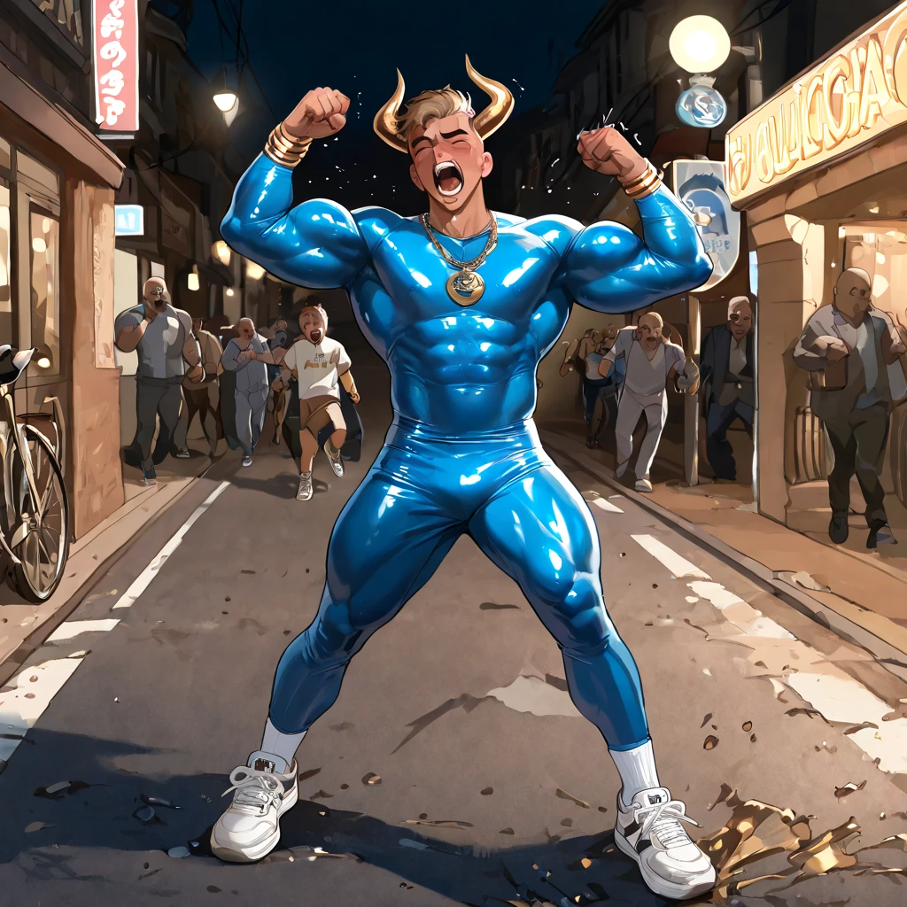 3 men, multiple guys, blonde, bald, ginger, handsome muscular shirtless men wearing blue neckties laughing, hands above head and feet in stocks, blindfolded, crying, , armpits tickled by hands, feet tickled by brushes, ribs tickled by hands, prison cell_interior_perspective background