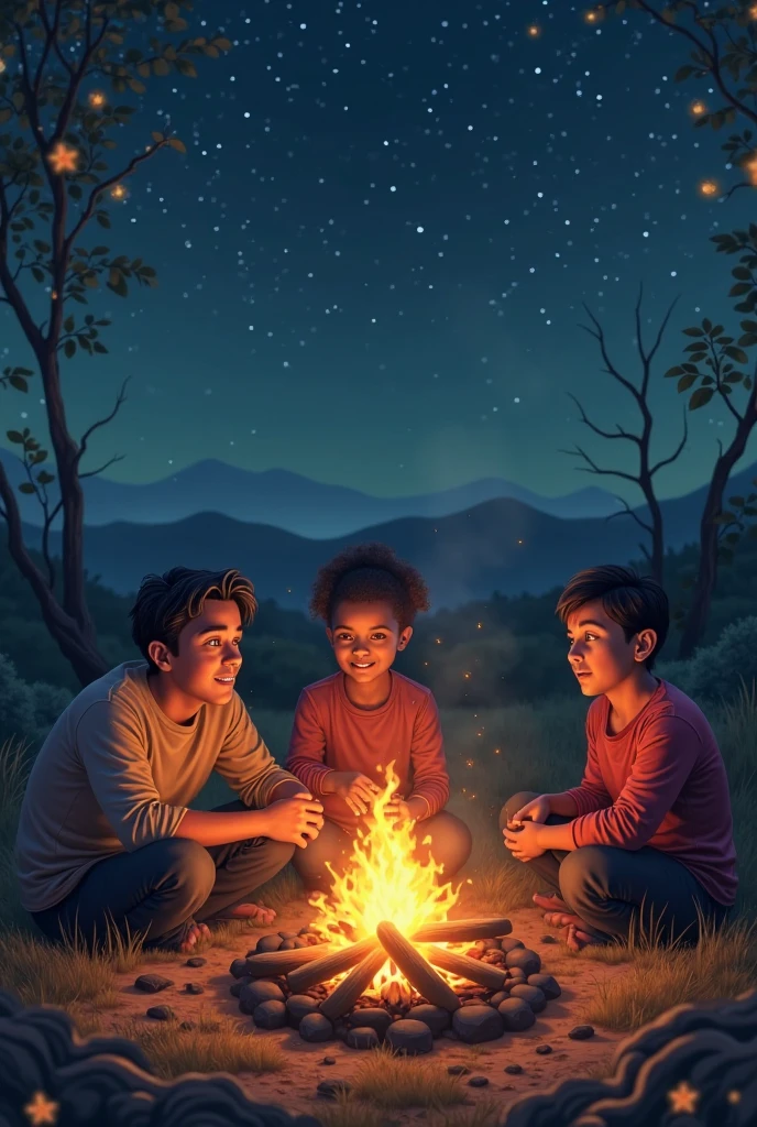 Many black children and white children together sitting on a campfire. Cute characters, chgibi characters. highly detailed. cartoon .image seen from afar
