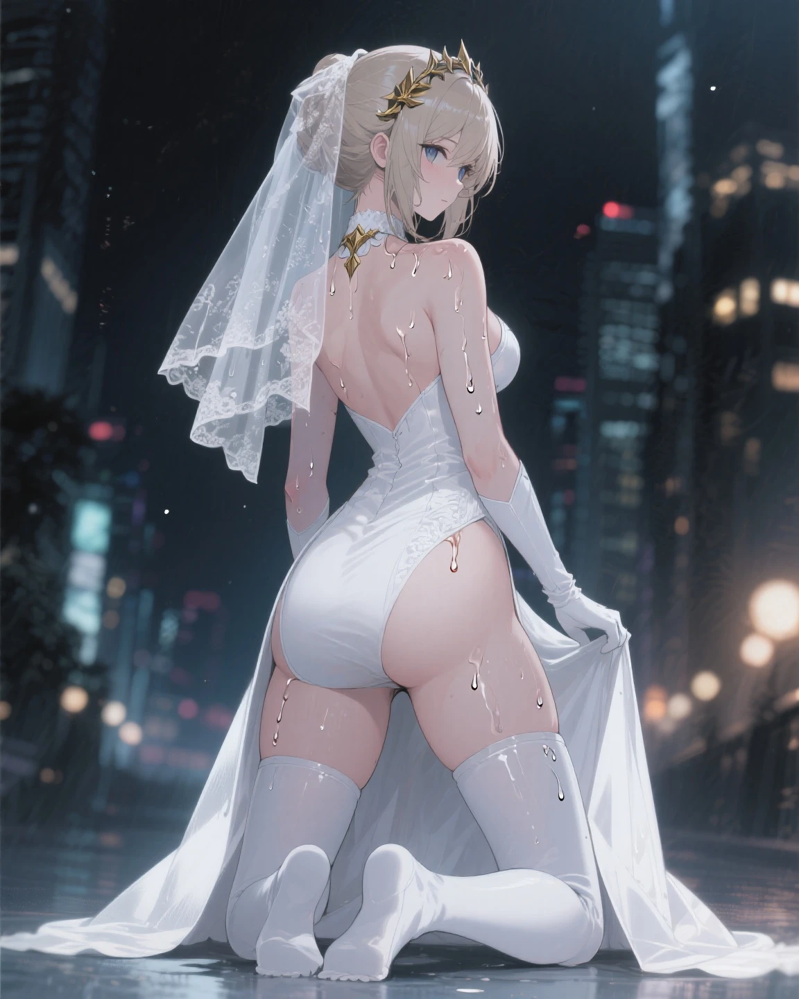 1female, (((stripper_girl, pole dancing, looking back at viewer, close to viewer))), 24yo, (white wedding dress, short, open stomach, wedding veil, wedding bjd,), lace white lingerie, platinum blonde women, (elf ears), sweating, large breasts, prominent tits, beautiful face, detailed eyes, earrings, bellybutton piercing, body chains, rings, (masterpiece), (Very detailed CG unity 8K wallpaper), best quality, detailed background, (strip_club_venue:1.6, stripper pole in foreground, female poledancing in the background, moody background, dark background, UndergroundClub, crowds watching)