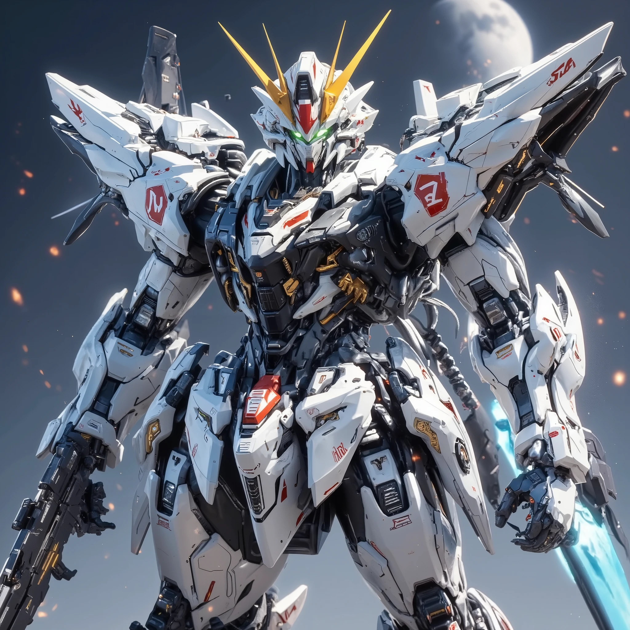 full body shot of a robot like Freedom Gundam,high-resolution photorealistic3D rendering style ,hyperrealism art,mechanical details of Freedom Gundam's face, 4Two white antennae ,V-shaped fins, green_lens flare from glowing double eyes, ,accurate shiny white armor, chest armor is shiny black , shiny, smooth metallic texture, Futuristic white _ gun,Opposing arm_large black metallic shield surrounded by white ,detailed depiction of joints and panel lines, Machinery Parts, Symmetrical blue flame shining from the back pup, Airframe Accents ,The sky is covered in blue , moon ,Slightly low front ,forward leaning action scene , fast flight, Depicting the toes, Bend one knee , Dynamic Composition, sparks floating in the sky,cinematic lighting, strong contrast , 8k Resolution , top quality , 2 megapixels, —q 2