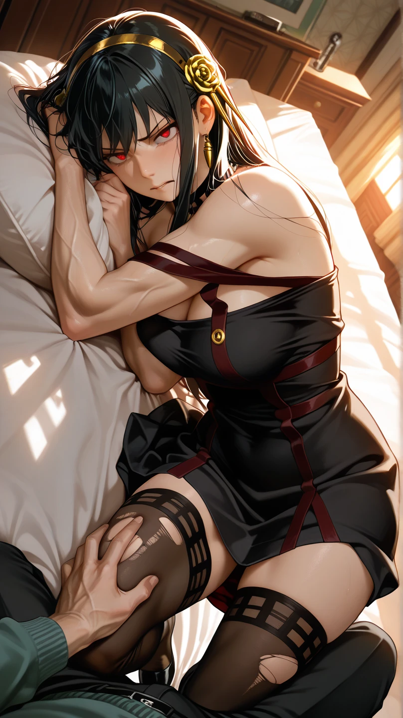 Asura style, (cutesexyrobutts style:0.7), score_9, score_8_up, score_7_up, score_6_up, uncensored, Moebius, red eyes, (black hair:1.5), very long hair, black dress, sleeveless, black gloves, cleavage cutout, BREAK Anime Style, Manga Style, Hand drawn, cinematic, Sharp focus, humorous illustration, big depth of field, Masterpiece, concept art, trending on artstation, Vivid colors, Simplified style, trending on ArtStation, trending on CGSociety, Intricate, Vibrant colors, Soft Shading, Simplistic Features, Sharp Angles, Playful, excessive sweating, sweating profusely, sweating drop BREAK, 1girl, tank_top, solo, sitting, pillow, see-through, leaning