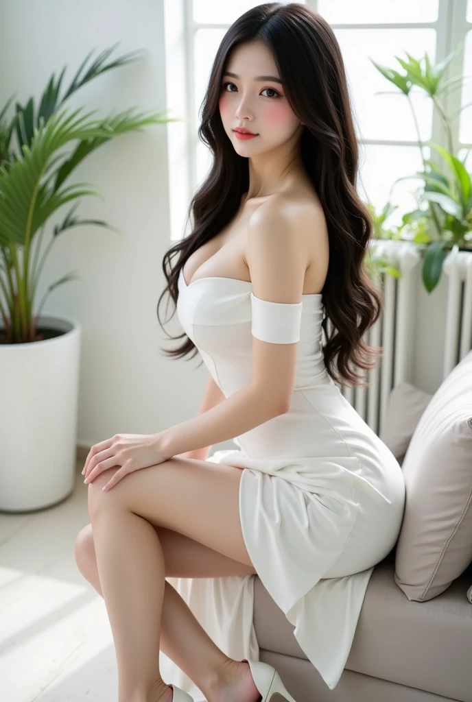 there is a woman sitting in a chair with a pink chair, smooth white tight clothes suit, smooth translucent white skin, pretty face with arms and legs, sexy girl, good young girl, korean girl, beautiful south korean woman, gorgeous young korean woman, pale milky white porcelain skin, beautiful asian girl, japanese goddess, milky white skin, sexy look at the camera, long hair
