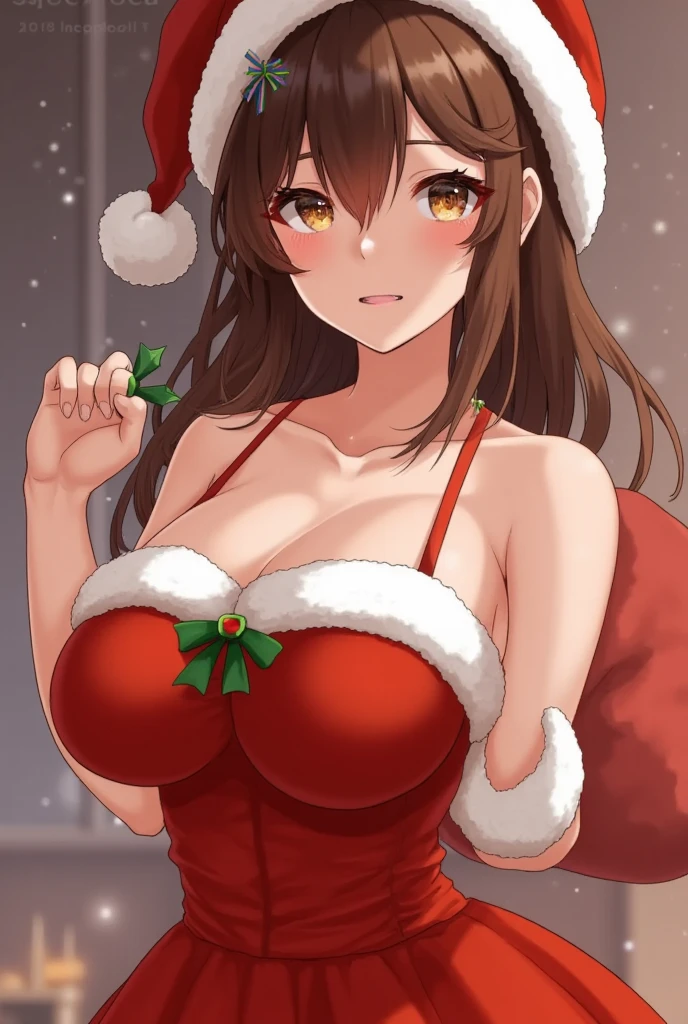 big lips, Brown hair, pink eyes, japanese face, improve, improve grin, two sides up, huge breasts, Wide hips, sexy, detailed, christmas room, Hits, (evil smile1.4), kawaii, mini Falda de Christmas, Christmas, GOOD, red and white suit, plaid skirt, christmas shirt, christmas choker, Falda de Christmas, christmas shirt, navel piercing, Christmas