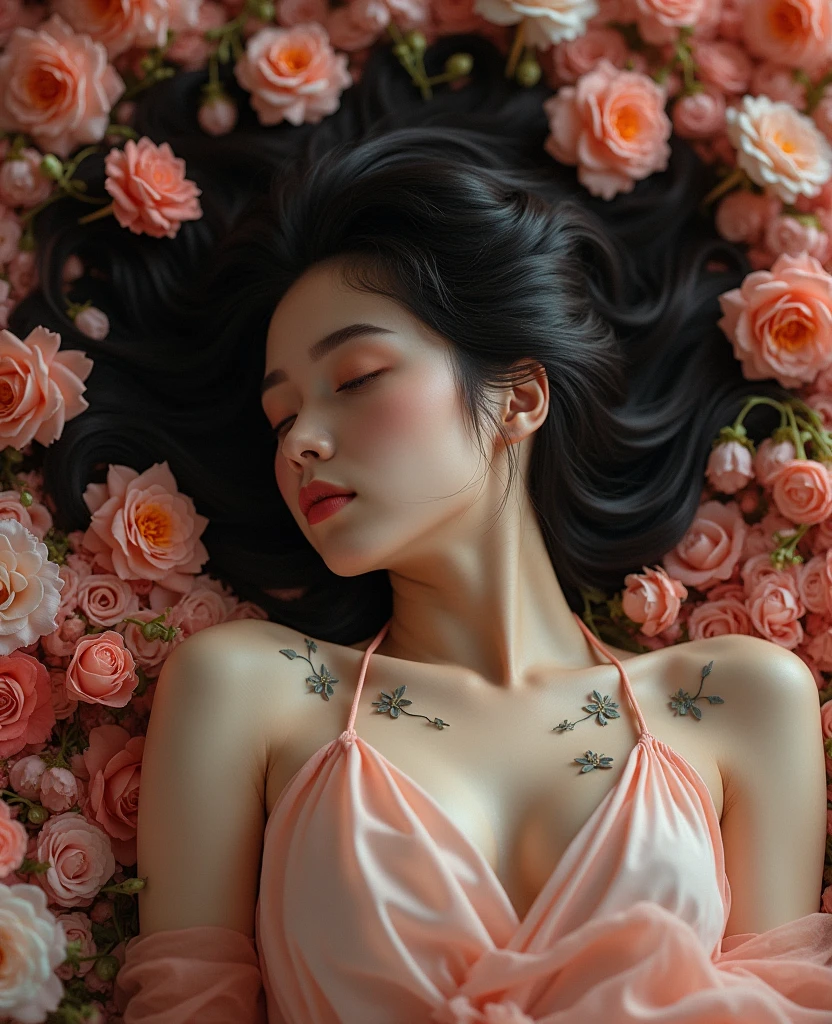 High Definition、Clear、Thai woman、18 years old、Beauty、Perfect face、Closed mouth、Slender figure、Big breasts、Round breasts、Distanced breasts、Erect nipples、Flat stomach、Look here、Cover your breasts with your hands、Please turn your body towards me and show me your navel、Lying on your back on a bed made of countless roses、Center of the image、Balance、Symmetry,