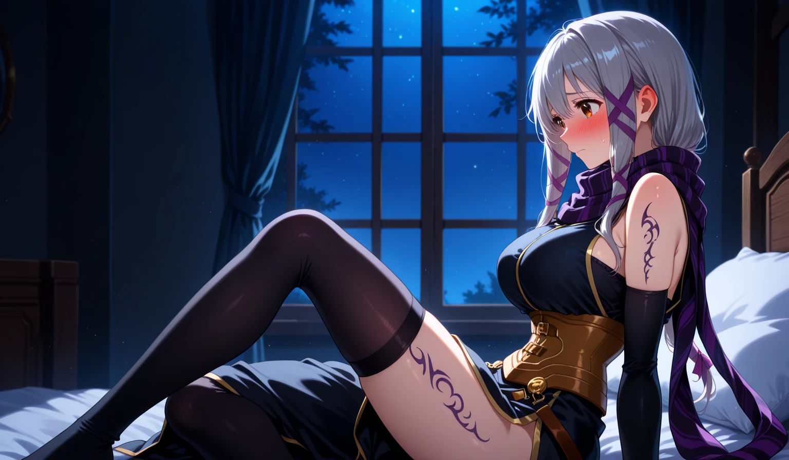 (Very detailed CG ユニティ 8k 壁紙)、(masterpiece)、(highest quality)、(Very detailed)、(Best illustrations)、(Best Shadow)、alone、One Girl、Yellow Eyes、Big Eyes、Big Breasts、Luxurious earrings、shirt、白shirt、black tights、evening、Lying in bed、whole body、Long Hair、Shiny skin、Shiny texture