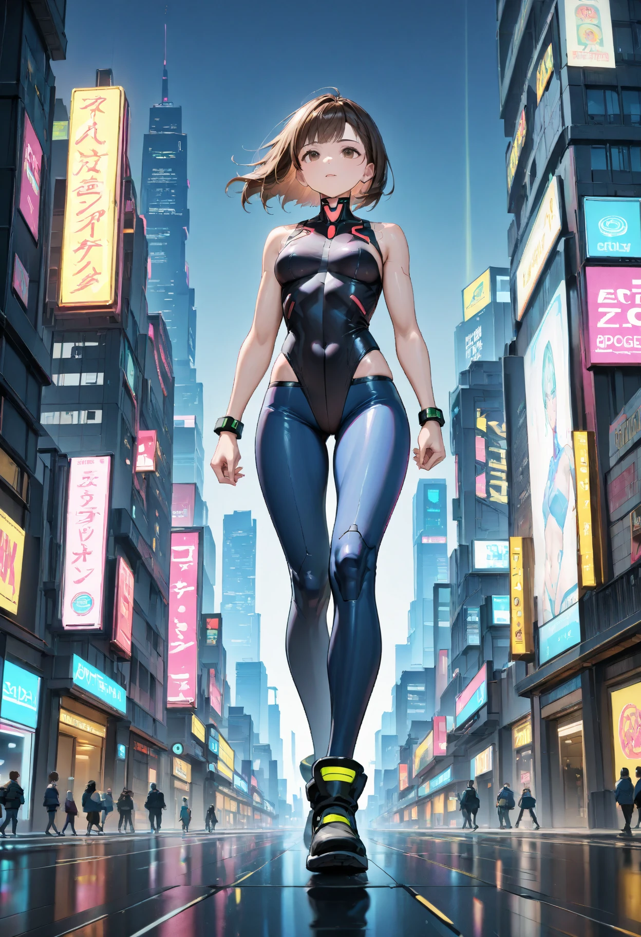 (((pixel-perfect, detail-perfect))), 1girl, superhero, leotard, highleg leotard, bare legs, boots, standing, solo focus, tight belt, hands on hip, full body shot, mature lady, city backdrop, sleeveless, ultra highres, absurdres, beautiful face, detailed eyes, symmetric eyes, {{only five fingers}}, perfect body, good proportions