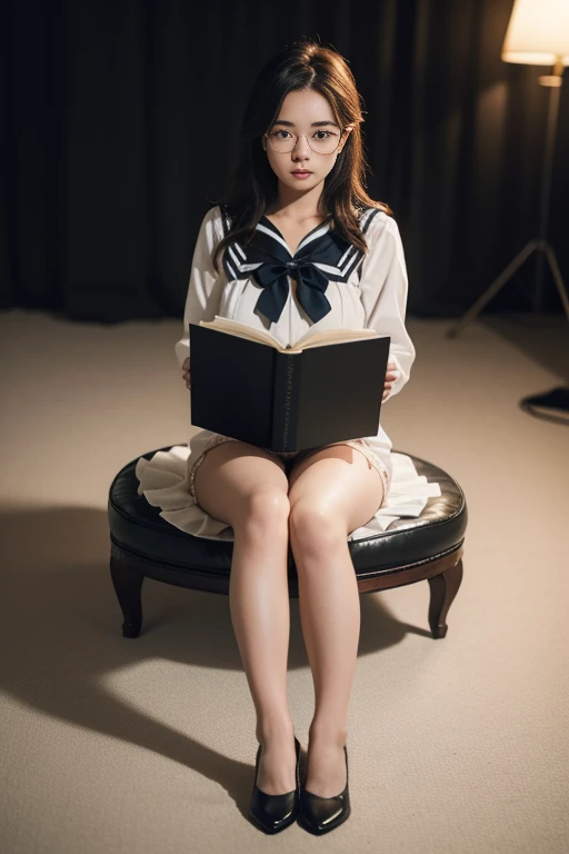 (whole body:1.5)，(One girl:1.45),(Displaying the viewer:1.4)，(Anatomically correct:1.3),(sitting on a turtle:1.2),(He wears big glasses、holding a book in hand:1.15),(shy:1.15)，(Transparent sailor dress with ribbon:1.2),(Tan Pantyhose:1.3),( High-heeled leather shoes with ribbons for female students:1.1)，(Accurate and perfect face:1.3),Hyper HD, Ray Tracing, reflected light， Structurally correct, Awards, Attention to detail, Brighten the color contrast, Facial lighting ，Cinema Lighting, masterpiece, Super Detail, high quality, Attention to detail, 最high quality, 16k，High Contrast,、((Sexy panties in full view:1.5))、((Spread your legs wide:1.5))

