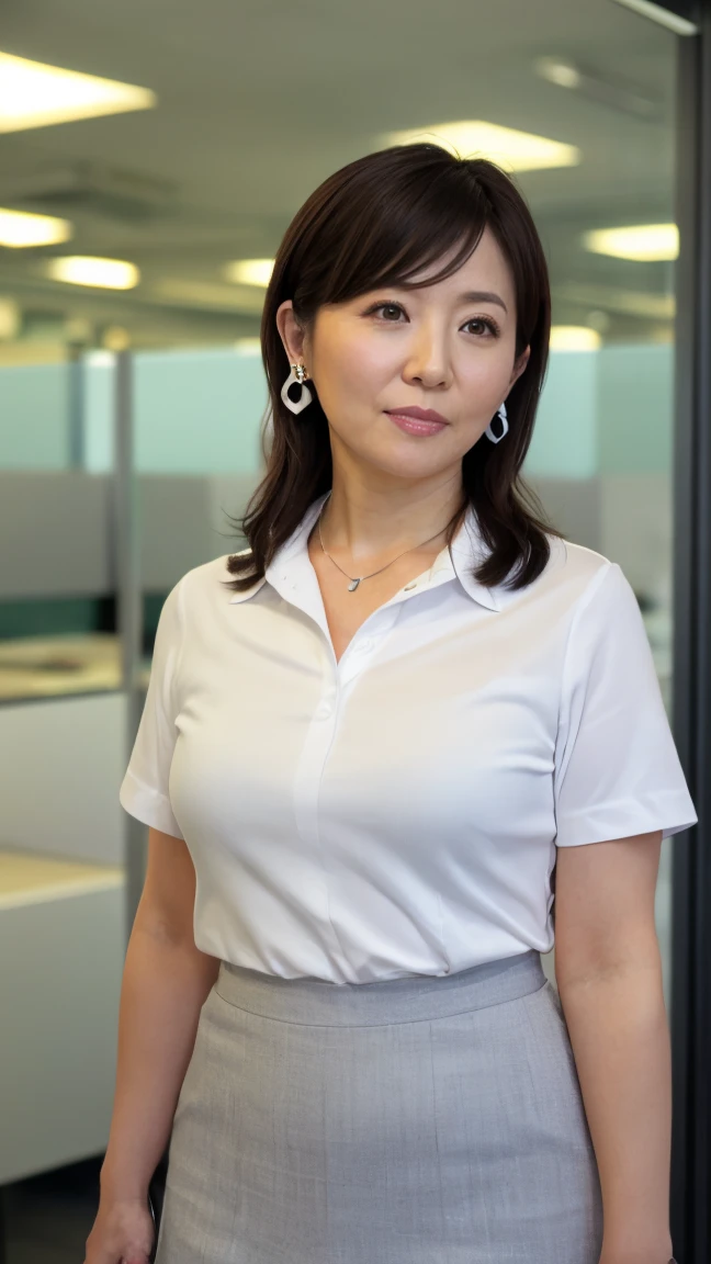 ((highest quality, 8K, masterpiece, portrait: 1.3)), (looking at the viewer), (full shot:0.85), attractive business mature woman, 1 person, a little chubby:0.4,brown medium hair、 white collared shirt, gray tight skirt,((big breasts 1.8)) (big pelvis:0.9), ((Are standing)), smile:0.2, conference room、,good posture、カーテンを閉め切ったconference room、a little dark room、