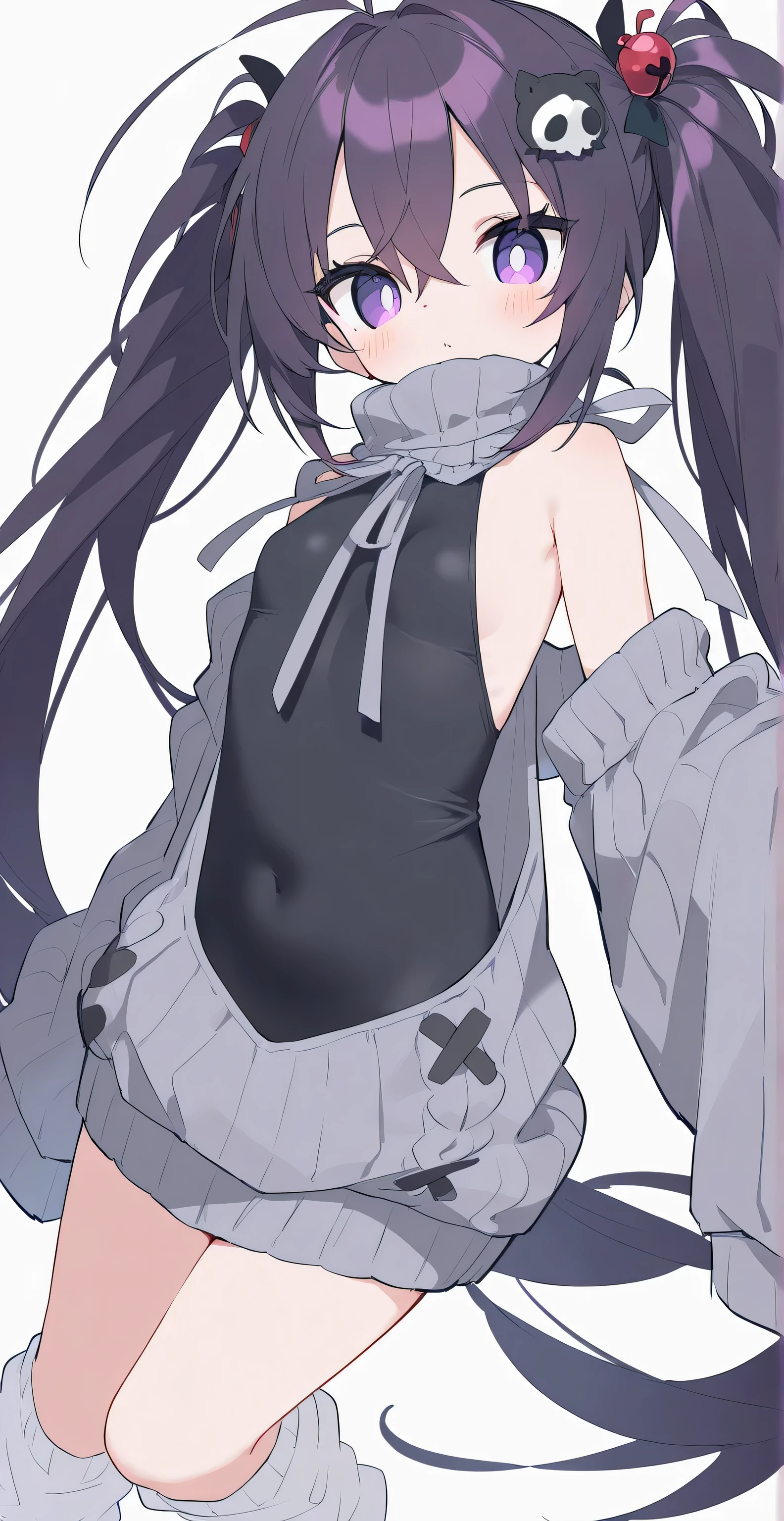 Teenage girl ((small stature)) ((White skin)) ((purple eyes)) ((long hair, emo on one eye)) ((black hair)) ((Shy and blushing)) ((small breasts)) ((small hips)) ((lying in bed with the shirt slightly raised showing the abdomen)) ((skirt raised a little revealing panties))