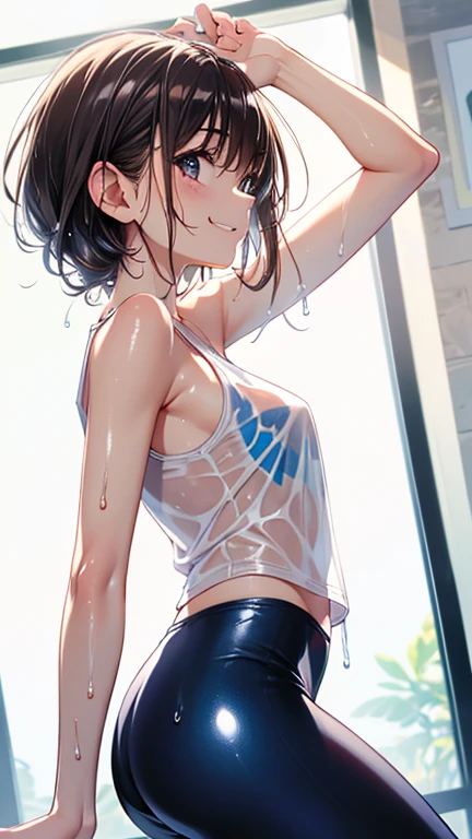 1 female,black hair,(()),(((blue shiny shorts)))((sexy black mo bikini))(((blush、open mouth smile)),(((Yuki Mikan))),(((portrait))),crowd,(((White see-through tank top)))(Baby girl body shape)(((small breasts)))sexy