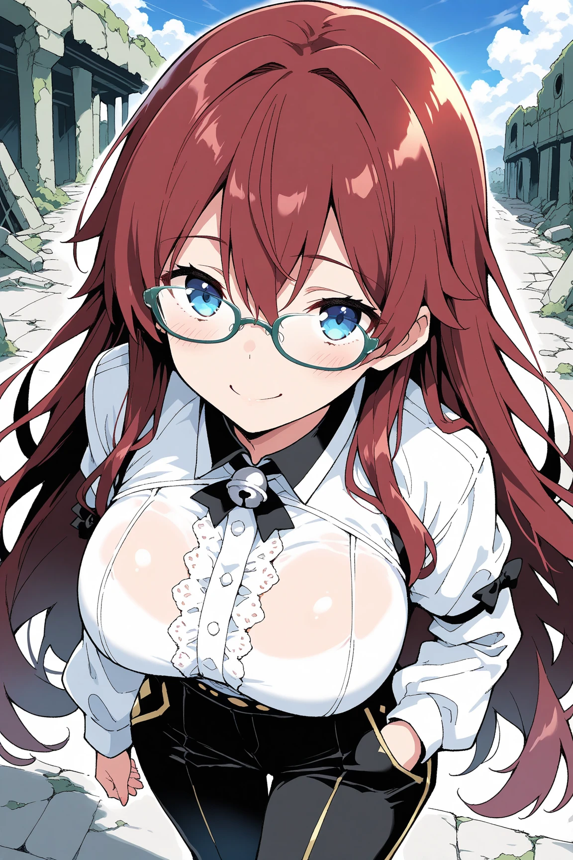 summonnightaty, aty, (young:1.3),long hair, blue eyes, red hair, big_tits, hat, glasses, BREAK long hair,, hat, dress,glasses, cape, sweater, beret,ribbed sweater,,solo, BREAK outdoors, fantasy, BREAK (masterpiece:1.2), best quality, high resolution, unity 8k wallpaper, (illustration:0.8), (beautiful detailed eyes:1.6), extremely detailed face, perfect lighting, extremely detailed CG, perfect anatomy),covered_nipples,half_eyes,sleepy_eyes,red_sweater,magical_effect,,Smile,closed_mouth,solo,in_modern_town_landscape,night_sky,solo,portrait,bust up,looking_viewer,shiny_lips,blush
