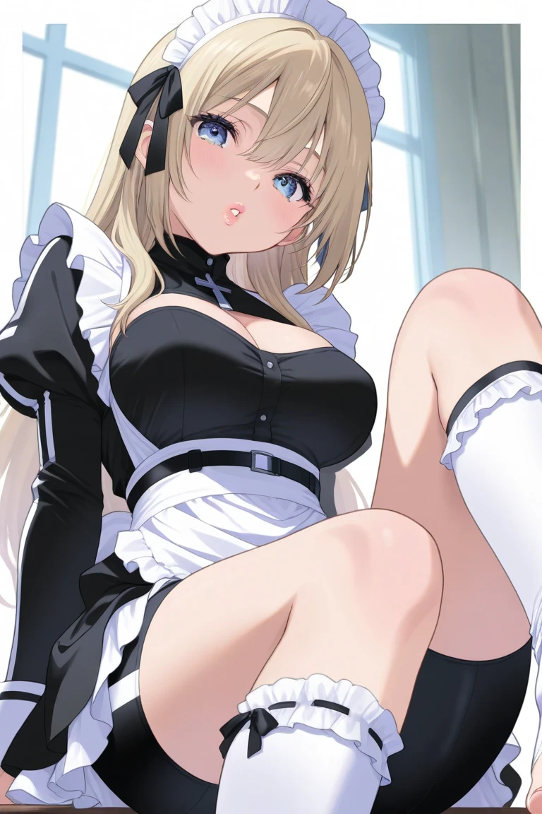 Beautiful girl in maid、(Top quality illustrations:1.2), (pretty girl:1.1), (1 girl、、Top quality illustrations:1.2), (1 girl、Kind eyes、blue eyes:1.2)、Blonde、Semi-long hair、Mature、Largets、smile、(Blawhite maid costume、White knee-high socks) 、sexy、White background、Sim Background