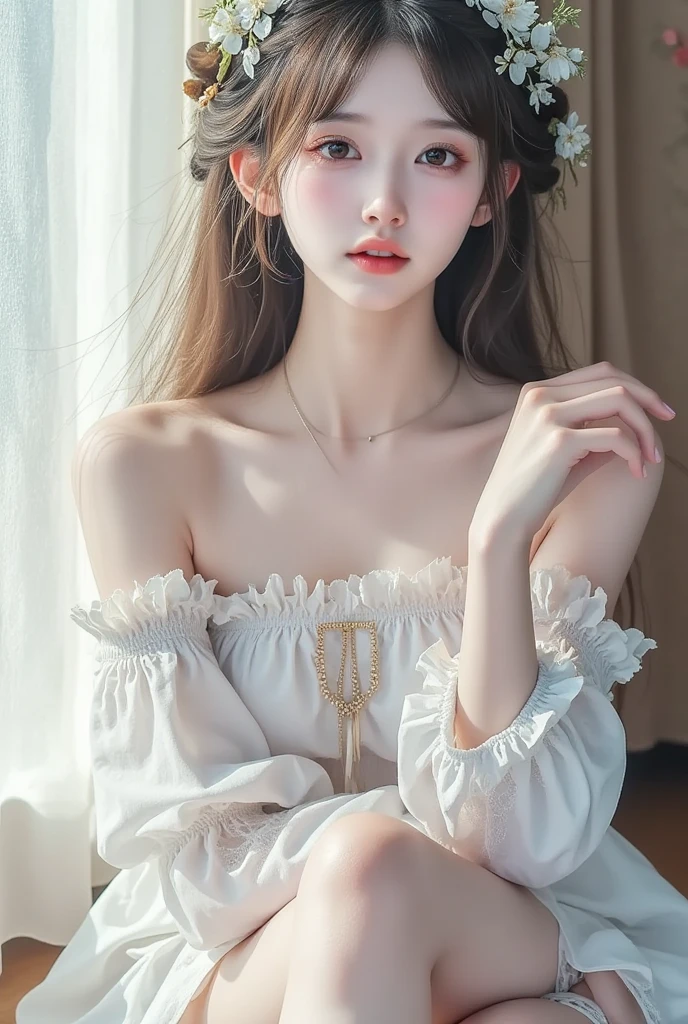 (realisticlying:1.5), offcial art, Unity 8k壁纸, ultra - detailed,Delicate detail skin,(Movie Angle),filmgrain,cinmatic lighting, tmasterpiece,best qualityer,A picture,
(Dark interior),Dark environment,table light,
1girll,(looking at viewert),(glomy),pointy ears,(elvish ears),hands behind body,((messy hair)),(redheadwear),bare shoulders,flatchest,Shoulder,(Lace women's pajamas),Saggy clothes,duck sitting,Beth,Moist,Sweat,sentimental,